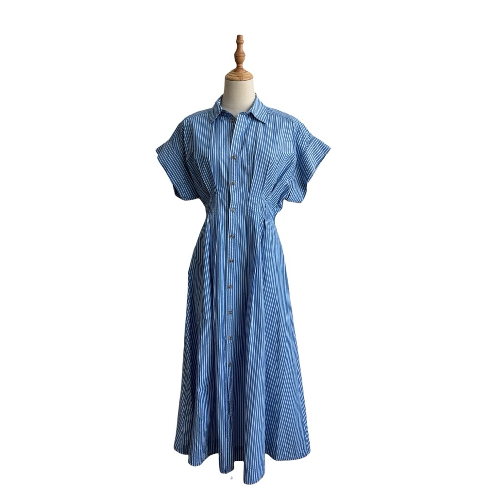 Anthropologie Pilcro Short Sleeve Midi Shirt Dress Blue White Stripe Size XS New - Picture 2 of 11